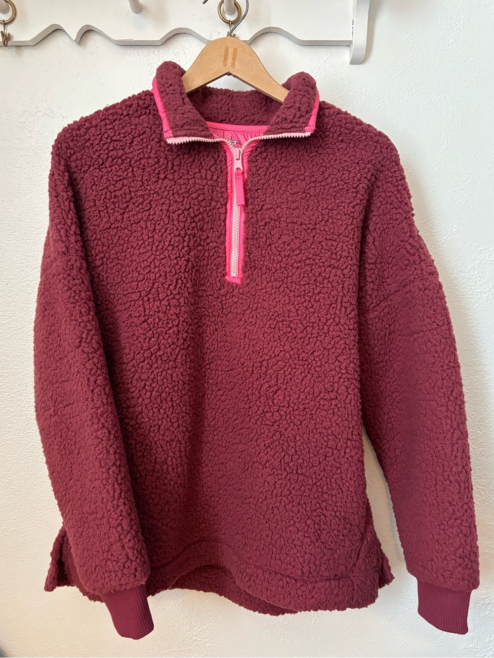 Aerie Berry Sherpa Quarter Zip Pullover Small Oversized Mountain Girl Fleece